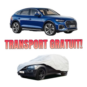 Husa tip prelata auto AUDI Q5 Sportback (FYT) din 2020-2021, Culoare Gri, material textil impermeabil, rezistanta la intemperii praf UV, CARPASSION Husa Protectie, 4 Stickere auto cu AUDI