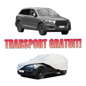 Husa tip prelata auto AUDI Q7 Van (4MB, 4MG) din 2015-2019, Culoare Gri, material textil impermeabil, rezistanta la intemperii praf UV, CARPASSION Husa Protectie, 4 Stickere auto cu AUDI