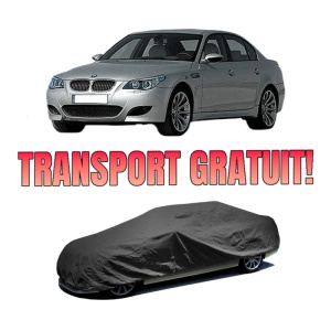 Husa tip prelata auto BMW 5 (E60) din 2001-2010, Culoare Negru, material textil impermeabil, rezistanta la intemperii praf UV, CARPASSION Husa Protectie, 4 Stickere auto cu BMW