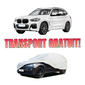 Husa tip prelata auto BMW X3 (G01, F97, G08) din 2017-2023, Culoare Gri, material textil impermeabil, rezistanta la intemperii praf UV, CARPASSION Husa Protectie, 4 Stickere auto cu BMW