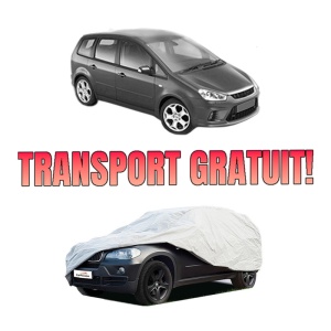 Husa tip prelata auto FORD C-MAX (DM2) din 2007-2010, Culoare Gri, material textil impermeabil, rezistanta la intemperii praf UV, CARPASSION Husa Protectie, 4 Stickere auto cu FORD