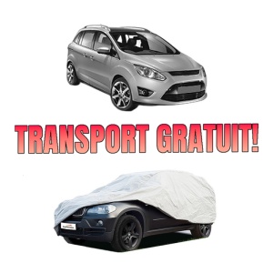 Husa tip prelata auto FORD C-MAX II (DXA/CB7, DXA/CEU) din 2010-2019, Culoare Gri, material textil impermeabil, rezistanta la intemperii praf UV, CARPASSION Husa Protectie, 4 Stickere auto cu FORD