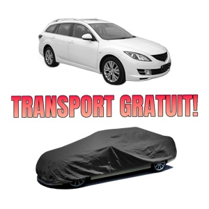 Husa tip prelata auto MAZDA 6 Estate (GH) din 2007-2013, Culoare Negru, material textil impermeabil, rezistanta la intemperii praf UV, CARPASSION Husa Protectie, 4 Stickere auto cu MAZDA