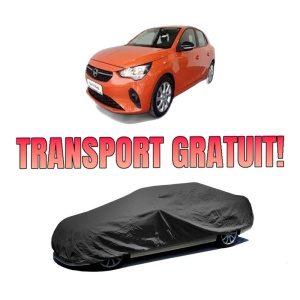 Husa tip prelata auto OPEL CORSA F (P2JO) din 2019-2023, Culoare Negru, material textil impermeabil, rezistanta la intemperii praf UV, CARPASSION Husa Protectie, 4 Stickere auto cu OPEL
