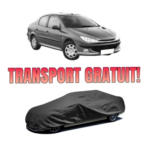 Husa tip prelata auto PEUGEOT 206 Saloon din 2007-2008, Culoare Negru, material textil impermeabil, rezistanta la intemperii praf UV, CARPASSION Husa Protectie, 4 Stickere auto cu PEUGEOT