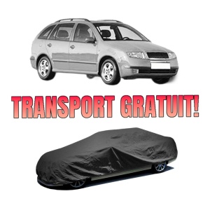 Husa tip prelata auto SKODA FABIA I Combi (6Y5) din 2000-2007, Culoare Negru, material textil impermeabil, rezistanta la intemperii praf UV, CARPASSION Husa Protectie, 4 Stickere auto cu SKODA