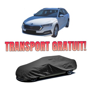 Husa tip prelata auto SKODA Octavia IV Combi (NX5, PV5) din 2019-2020, Culoare Negru, material textil impermeabil, rezistanta la intemperii praf UV, CARPASSION Husa Protectie, 4 Stickere auto cu SKODA