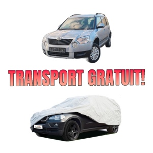 Husa tip prelata auto SKODA YETI (5L) din 2009-2017, Culoare Gri, material textil impermeabil, rezistanta la intemperii praf UV, CARPASSION Husa Protectie, 4 Stickere auto cu SKODA