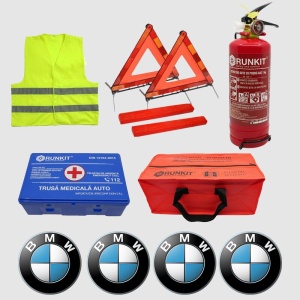 Kit siguranta auto Cri-Flo, Omologat R.A.R, Valabilitate 5 ani, 1x Trusa Prim Ajutor, 2 x Triunghiuri, 1x Stingator tip Spray, 1x Vesta reflectorizanta, Geanta pentru depozitare, 4 Stickere auto cu Bmw - Img 2