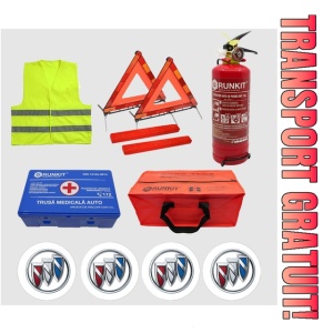Kit siguranta auto Cri-Flo, Omologat R.A.R, Valabilitate 5 ani, 1x Trusa Prim Ajutor, 2 x Triunghiuri, 1x Stingator tip Spray, 1x Vesta reflectorizanta, Geanta pentru depozitare, 4 Stickere auto cu Buick