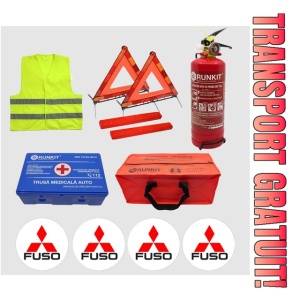 Kit siguranta auto Cri-Flo, Omologat R.A.R, Valabilitate 5 ani, 1x Trusa Prim Ajutor, 2 x Triunghiuri, 1x Stingator tip Spray, 1x Vesta reflectorizanta, Geanta pentru depozitare, 4 Stickere auto cu Fuso-(Mitsubishi)