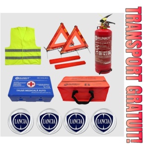 Kit siguranta auto Cri-Flo, Omologat R.A.R, Valabilitate 5 ani, 1x Trusa Prim Ajutor, 2 x Triunghiuri, 1x Stingator tip Spray, 1x Vesta reflectorizanta, Geanta pentru depozitare, 4 Stickere auto cu Lancia