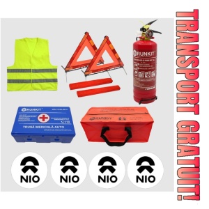 Kit siguranta auto Cri-Flo, Omologat R.A.R, Valabilitate 5 ani, 1x Trusa Prim Ajutor, 2 x Triunghiuri, 1x Stingator tip Spray, 1x Vesta reflectorizanta, Geanta pentru depozitare, 4 Stickere auto cu Nio