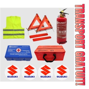 Kit siguranta auto Cri-Flo, Omologat R.A.R, Valabilitate 5 ani, 1x Trusa Prim Ajutor, 2 x Triunghiuri, 1x Stingator tip Spray, 1x Vesta reflectorizanta, Geanta pentru depozitare, 4 Stickere auto cu Suzuki