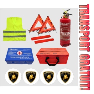 Kit siguranta auto Cri-Flo, Omologat R.A.R, Valabilitate 5 ani, 1x Trusa Prim Ajutor, 2 x Triunghiuri, 1x Stingator tip Spray, 1x Vesta reflectorizanta, Geanta pentru depozitare, 4 Stickere auto cu Lamborghini