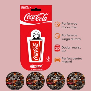 Odorizant Auto 3D Coca Cola Original, Tip Pahar, Oglinda Retrovizoare, Parfum Intens și Persistent, Design Realist, Vegan Friendly
