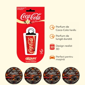 Odorizant Auto 3D Coca Cola Vanilie, Tip Pahar, Oglinda Retrovizoare, Parfum Intens și Persistent, Design Realist, Vegan Friendly