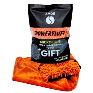 Prosop auto pentru stergerea masinii, din microfibră ultra absorbant AMOS Powerfluff portocaliu 1000 GSM 60*80cm si manusa CADOU, uscare rapida a masinii