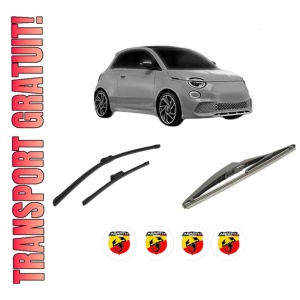 Set 3 stergatoare ABARTH 500E Convertible (332_) din 2023, pentru parbriz si luneta fata si spate auto, Bosch Twin-Aerotwin, din cauciuc siliconat rezistent, 4 Stickere Auto ABARTH