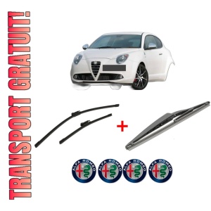 Set 3 stergatoare ALFA ROMEO MITO (955_) din 2008 - 2018, pentru parbriz si luneta fata si spate auto, Bosch Twin, din cauciuc siliconat rezistent, 4 Stickere Auto ALFA ROMEO