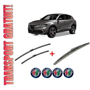 Set 3 stergatoare ALFA ROMEO TONALE (965_) din 2022, pentru parbriz si luneta fata si spate auto, Bosch Twin, din cauciuc siliconat rezistent, 4 Stickere Auto ALFA ROMEO