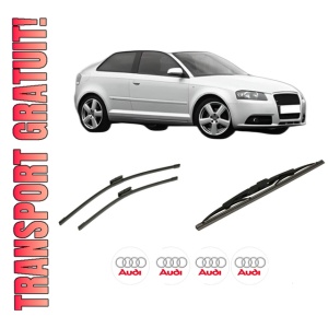 Set 3 stergatoare AUDI A3 (8P1) din 2003-2012, pentru parbriz si luneta fata si spate auto, Bosch Twin-Aerotwin Multi, din cauciuc siliconat rezistent, 4 Stickere Auto AUDI