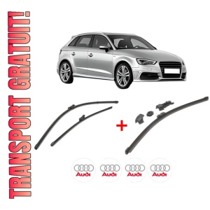 Set 3 stergatoare AUDI A3 Sportback (8VA, 8VF) din 2012 - 2020, pentru parbriz si luneta fata si spate auto, Valeo HydroConnect, din cauciuc siliconat rezistent, 4 Stickere Auto AUDI