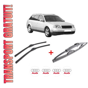 Set 3 stergatoare AUDI A6 C5 Avant (4B5, 4B6) din 1997 - 2005, pentru parbriz si luneta fata si spate auto, Bosch Twin, din cauciuc siliconat rezistent, 4 Stickere Auto AUDI