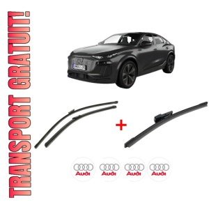 Set 3 stergatoare AUDI Q6 e-tron Sportback (GFN) din 2024, pentru parbriz si luneta fata si spate auto, Bosch Aerotwin, din cauciuc siliconat rezistent, 4 Stickere Auto AUDI