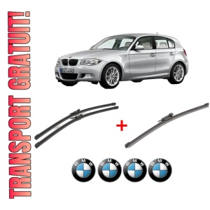 Set 3 stergatoare BMW Seria 1 (E87) din 2004 - 2011, pentru parbriz si luneta fata si spate auto, Valeo Silencio Xtrm, din cauciuc siliconat rezistent, 4 Stickere Auto BMW