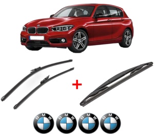 Set 3 stergatoare BMW Seria 1 (F20) din 2011 - 2019, pentru parbriz si luneta fata si spate auto, Valeo Silencio, din cauciuc siliconat rezistent, 4 Stickere Auto BMW v14008