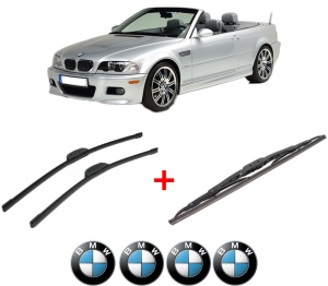 Set 3 stergatoare BMW Seria 3 Compact (E46) din 2001 - 2005, pentru parbriz si luneta fata si spate auto, Bosch Twin, din cauciuc siliconat rezistent, 4 Stickere Auto BMW v11303