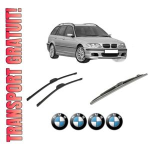 Set 3 stergatoare BMW Seria 3 Touring (E46) din 1999-2005, pentru parbriz si luneta fata si spate auto, Bosch Twin-Aerotwin Retrofit, din cauciuc siliconat rezistent, 4 Stickere Auto BMW