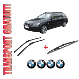Set 3 stergatoare BMW Seria 5 Touring (E61) din 2004 - 2010, pentru parbriz si luneta fata si spate auto, Bosch Twin, din cauciuc siliconat rezistent, 4 Stickere Auto BMW
