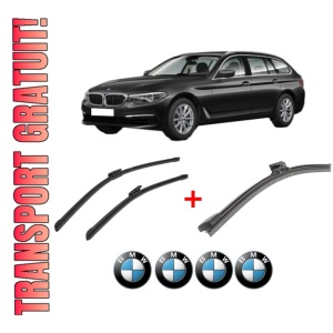 Set 3 stergatoare BMW Seria 5 Touring Van (G31) din 2017 - 2019, pentru parbriz si luneta fata si spate auto, Bosch Aerotwin, din cauciuc siliconat rezistent, 4 Stickere Auto BMW
