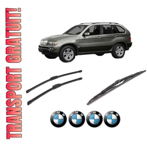 Set 3 stergatoare BMW Seria X5 (E53) din 2000-2006, pentru parbriz si luneta fata si spate auto, Bosch Twin-Aerotwin Retrofit, din cauciuc siliconat rezistent, 4 Stickere Auto BMW