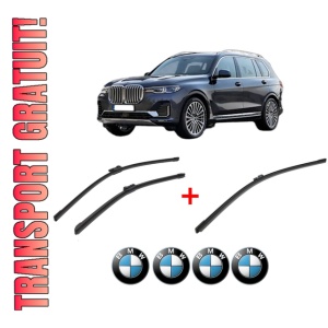 Set 3 stergatoare BMW Seria X7 (G07) din 2019 - 2020, pentru parbriz si luneta fata si spate auto, Bosch Aerotwin, din cauciuc siliconat rezistent, 4 Stickere Auto BMW