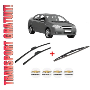 Set 3 stergatoare CHEVROLET AVEO / KALOS Hatchback (T250, T255) din 2007 - 2012, pentru parbriz si luneta fata si spate auto, Bosch Twin, din cauciuc siliconat rezistent, 4 Stickere Auto CHEVROLET