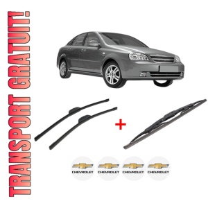 Set 3 stergatoare CHEVROLET LACETTI (J200) din 2005 - 2013, pentru parbriz si luneta fata si spate auto, Bosch Twin, din cauciuc siliconat rezistent, 4 Stickere Auto CHEVROLET