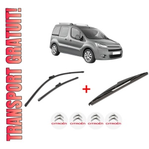 Set 3 stergatoare CITROEN BERLINGO MULTISPACE (B9) din 2008 - 2021, pentru parbriz si luneta fata si spate auto, Valeo Silencio, din cauciuc siliconat rezistent, 4 Stickere Auto CITROEN