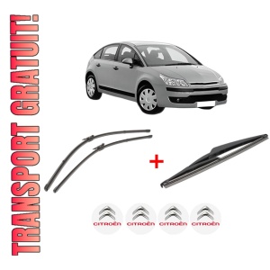Set 3 stergatoare CITROEN C4 I (LC_) din 2004 - 2012, pentru parbriz si luneta fata si spate auto, Valeo Silencio, din cauciuc siliconat rezistent, 4 Stickere Auto CITROEN