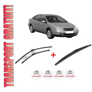 Set 3 stergatoare CITROEN C5 I (DC_) din 2001 - 2004, pentru parbriz si luneta fata si spate auto, Bosch Twin, din cauciuc siliconat rezistent, 4 Stickere Auto CITROEN