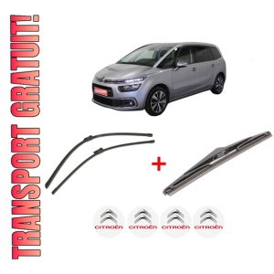 Set 3 stergatoare CITROEN GRAND C4 SPACETOURER (3A_, 3E_) din 2018 - 2019, pentru parbriz si luneta fata si spate auto, Bosch Twin, din cauciuc siliconat rezistent, 4 Stickere Auto CITROEN