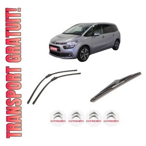 Set 3 stergatoare CITROEN GRAND C4 SPACETOURER (3A_, 3E_) din 2018-2019, pentru parbriz si luneta fata si spate auto, Bosch Twin-Aerotwin, din cauciuc siliconat rezistent, 4 Stickere Auto CITROEN