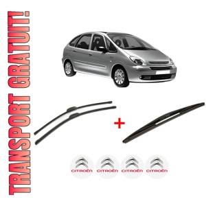 Set 3 stergatoare CITROEN XSARA PICASSO (N68) din 1999 - 2012, pentru parbriz si luneta fata si spate auto, Bosch Twin, din cauciuc siliconat rezistent, 4 Stickere Auto CITROEN