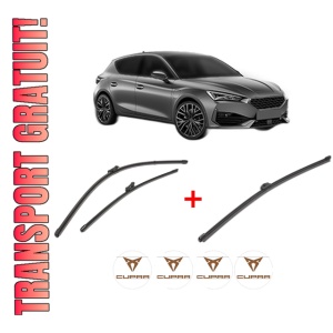 Set 3 stergatoare CUPRA LEON (KL1, KU1, KUG) din 2020, pentru parbriz si luneta fata si spate auto, Valeo Silencio Xtrm, din cauciuc siliconat rezistent, 4 Stickere Auto CUPRA