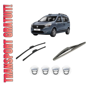 Set 3 stergatoare DACIA DOKKER Box Body/MPV din 2012-2021, pentru parbriz si luneta fata si spate auto, Bosch Twin-Aerotwin Retrofit, din cauciuc siliconat rezistent, 4 Stickere Auto DACIA