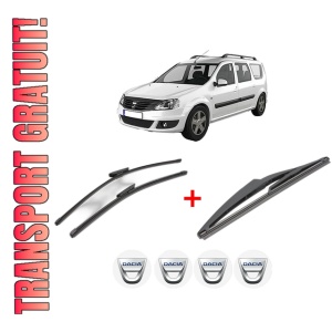 Set 3 stergatoare DACIA LOGAN MCV II din 2013, pentru parbriz si luneta fata si spate auto, Valeo Silencio, din cauciuc siliconat rezistent, 4 Stickere Auto DACIA