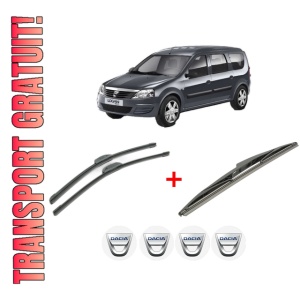 Set 3 stergatoare DACIA LOGAN MCV (KS_) din 2007 - 2013, pentru parbriz si luneta fata si spate auto, Bosch Twin, din cauciuc siliconat rezistent, 4 Stickere Auto DACIA