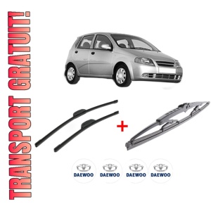 Set 3 stergatoare DAEWOO KALOS (KLAS) din 2002, pentru parbriz si luneta fata si spate auto, Bosch Twin, din cauciuc siliconat rezistent, 4 Stickere Auto DAEWOO
